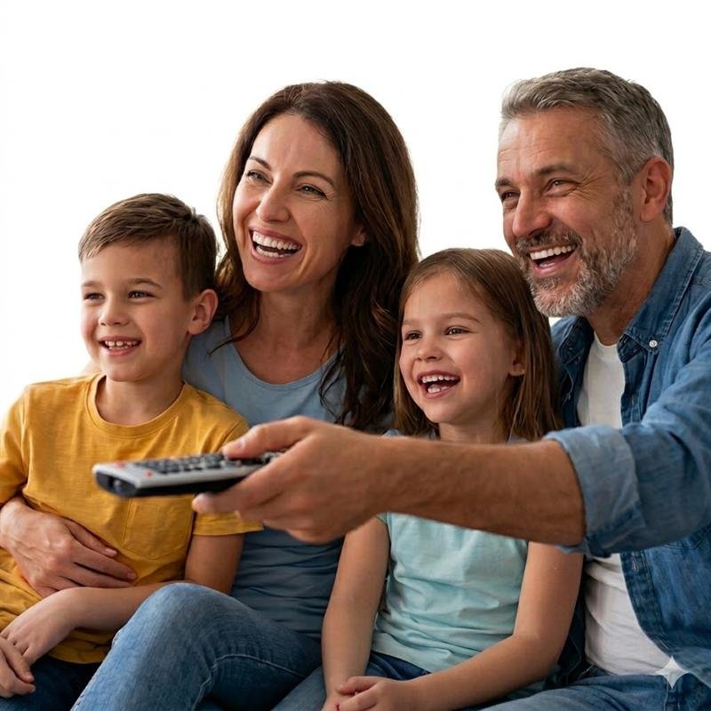 Famille utilisant Atlas Pro ONTV sur Smart TV avec abonnement IPTV